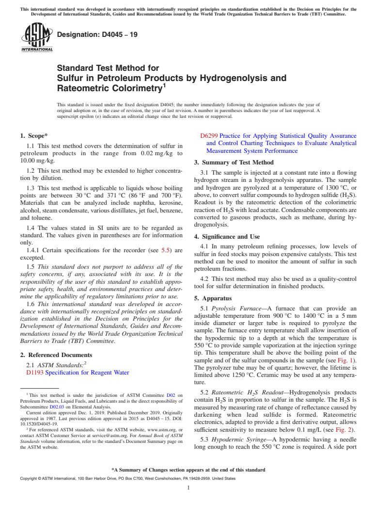 ASTM D4045-19 - Standard Test Method for  Sulfur in Petroleum Products by Hydrogenolysis and Rateometric   Colorimetry