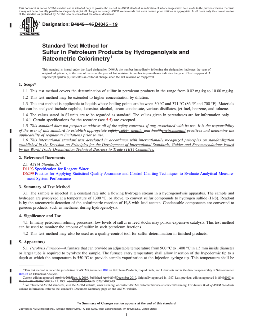 REDLINE ASTM D4045-19 - Standard Test Method for  Sulfur in Petroleum Products by Hydrogenolysis and Rateometric   Colorimetry