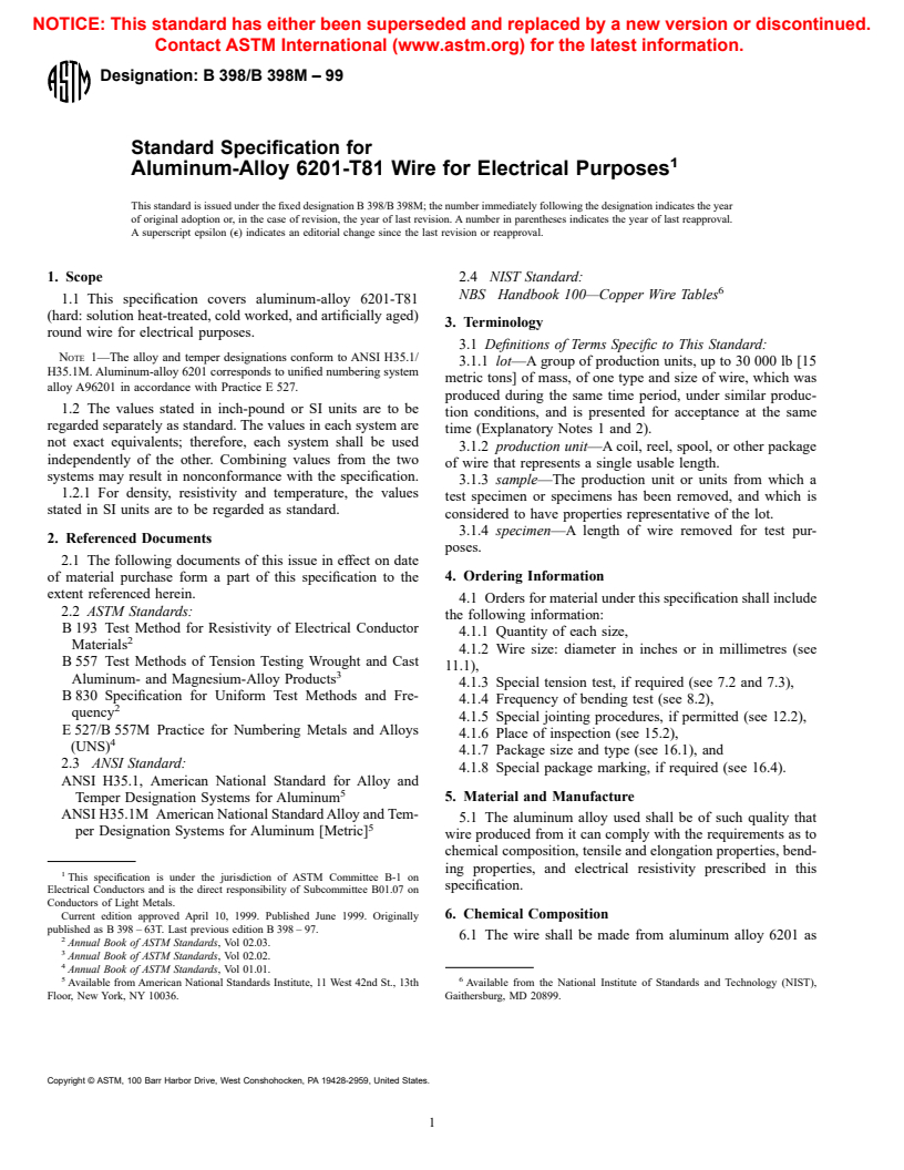 ASTM B398/B398M-99 - Standard Specification for Aluminum-Alloy 6201-T81 Wire for Electrical Purposes