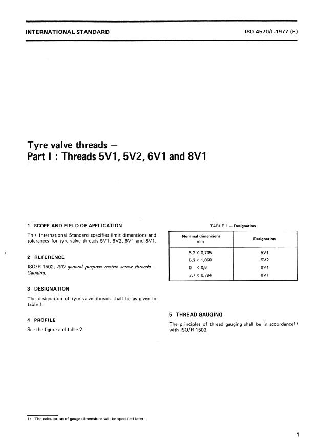 ISO 4570-1:1977 - Tyre valve threads