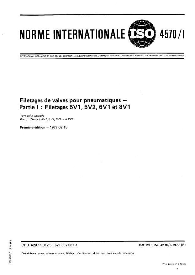 ISO 4570-1:1977 - Filetages de valves pour pneumatiques