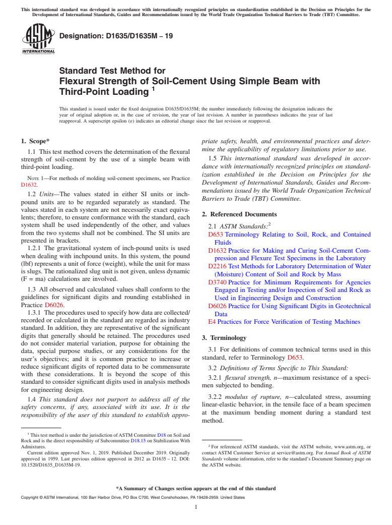 ASTM D1635/D1635M-19 - Standard Test Method for  Flexural Strength of Soil-Cement Using Simple Beam with Third-Point  Loading&#x2009;