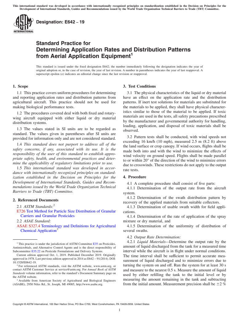 ASTM E642-19 - Standard Practice for  Determining Application Rates and Distribution Patterns from  Aerial Application Equipment