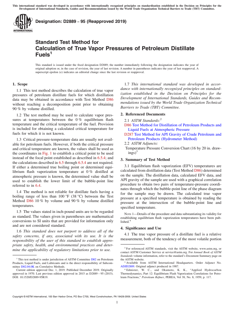 ASTM D2889-95(2019) - Standard Test Method for Calculation of True Vapor Pressures of Petroleum Distillate   Fuels