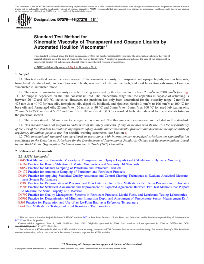 REDLINE ASTM D7279-18e1 - Standard Test Method for  Kinematic Viscosity of Transparent and Opaque Liquids by Automated  Houillon Viscometer