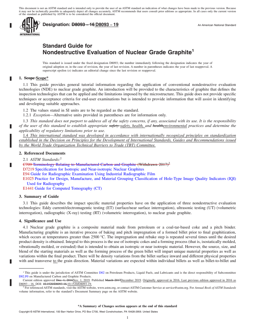 REDLINE ASTM D8093-19 - Standard Guide for Nondestructive Evaluation of Nuclear Grade Graphite