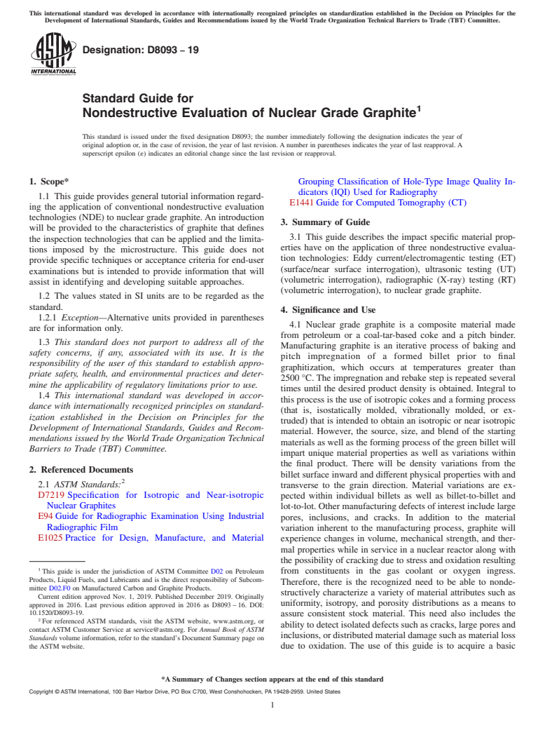 ASTM D8093-19 - Standard Guide for Nondestructive Evaluation of Nuclear Grade Graphite