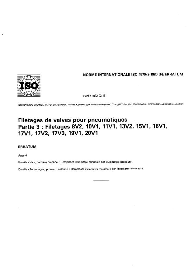 ISO 4570-3:1980 - Filetages de valves pour pneumatiques