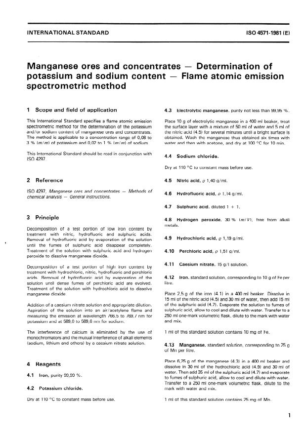 ISO 4571:1981 - Manganese ores and concentrates -- Determination of potassium and sodium content -- Flame atomic emission spectrometric method