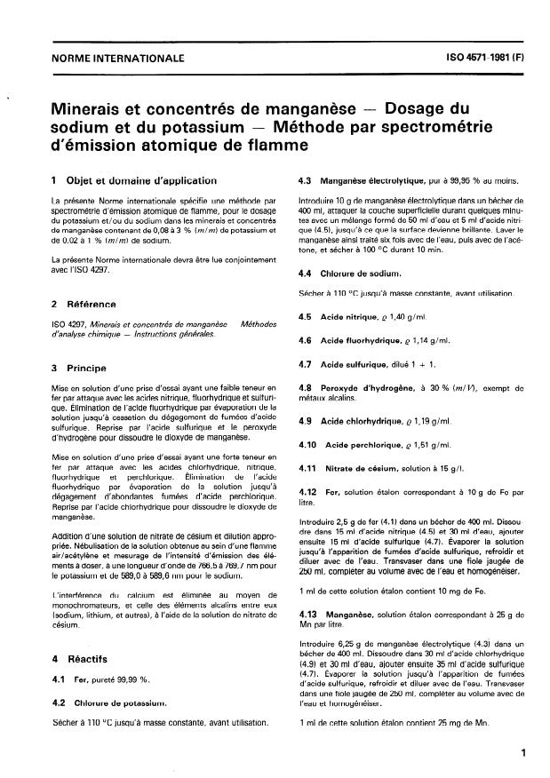 ISO 4571:1981 - Minerais et concentrés de manganese -- Dosage du sodium et du potassium -- Méthode par spectrométrie d'émission atomique de flamme