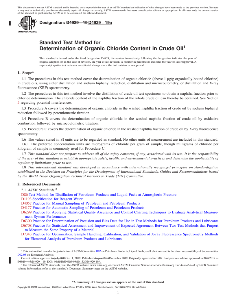 REDLINE ASTM D4929-19a - Standard Test Method for  Determination of Organic Chloride Content in Crude Oil