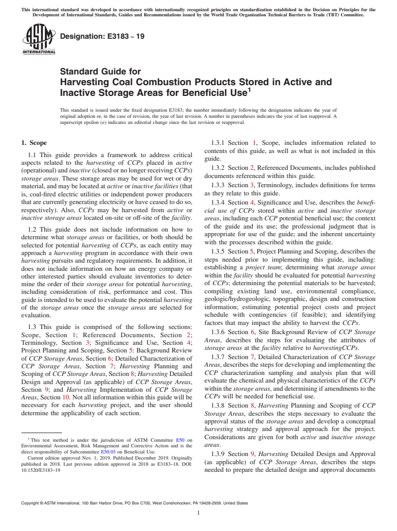 ASTM E3183-19 - Standard Guide for Harvesting Coal Combustion Products Stored in Active and Inactive  Storage Areas for Beneficial Use