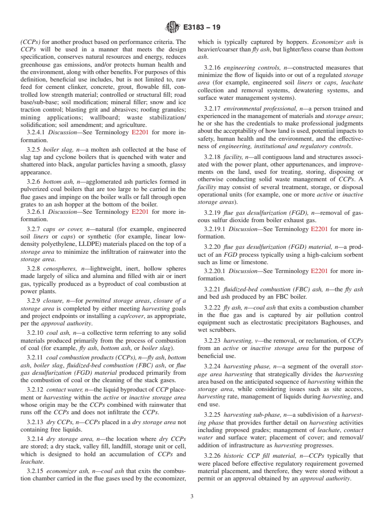 ASTM E3183-19 - Standard Guide for Harvesting Coal Combustion Products Stored in Active and Inactive  Storage Areas for Beneficial Use