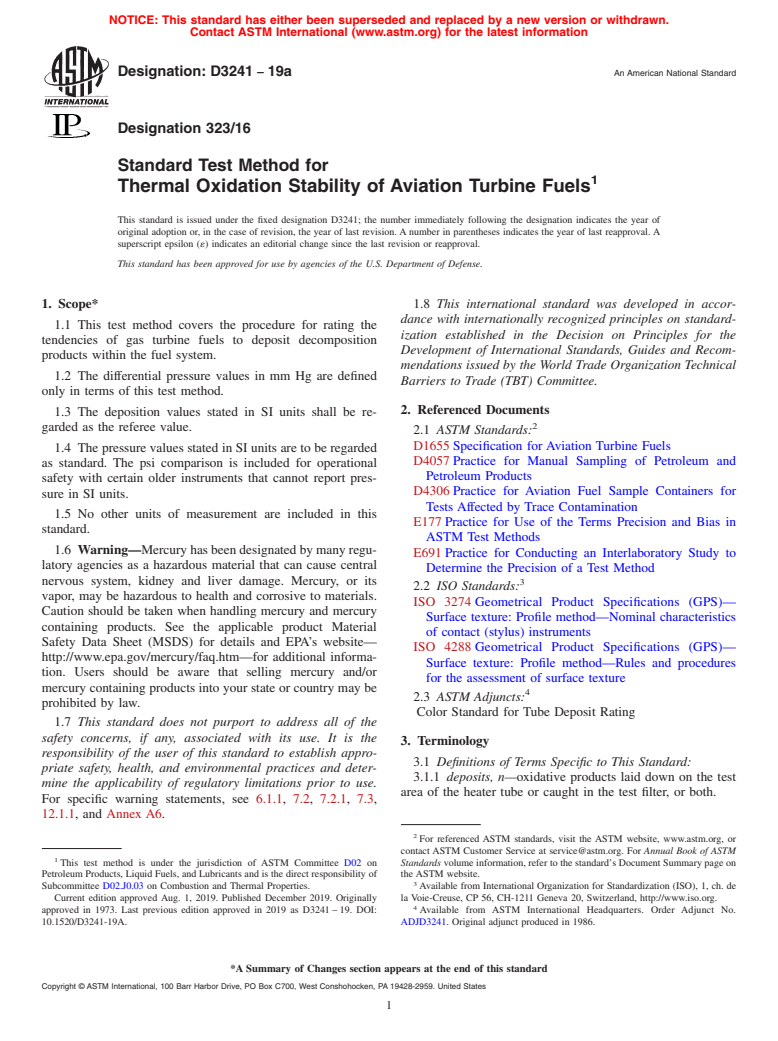 ASTM D3241-19a - Standard Test Method for Thermal Oxidation Stability of Aviation Turbine Fuels