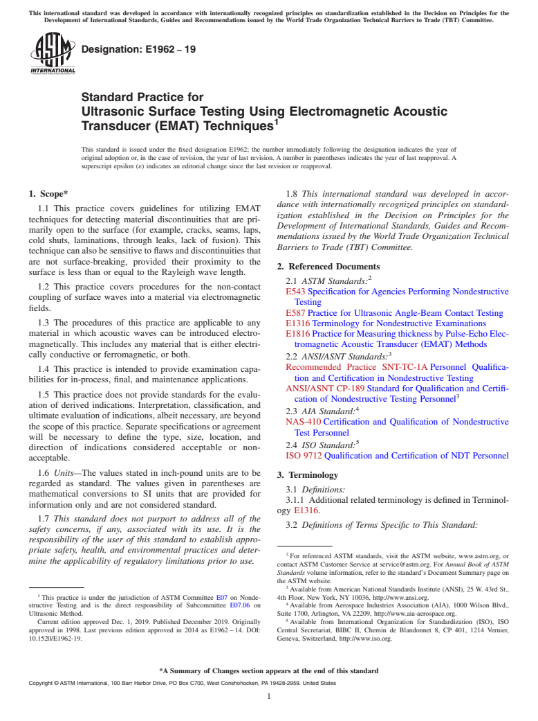 ASTM E1962-19 - Standard Practice for  Ultrasonic Surface Testing Using Electromagnetic Acoustic Transducer  (EMAT) Techniques