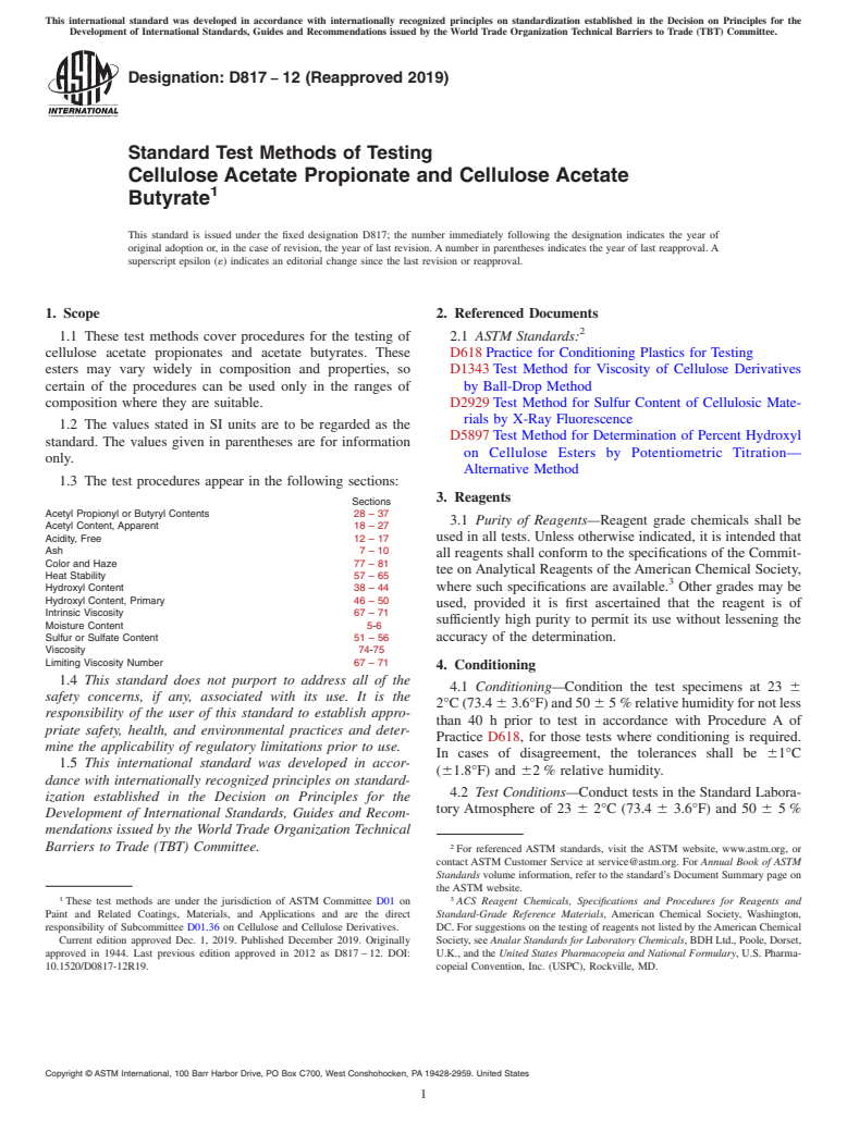 ASTM D817-12(2019) - Standard Test Methods of Testing Cellulose Acetate Propionate and Cellulose Acetate Butyrate