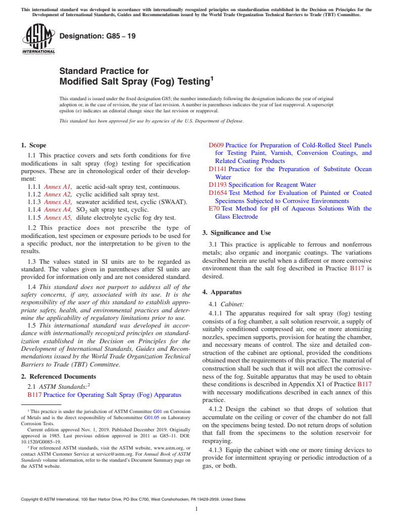 ASTM G85-19 - Standard Practice for Modified Salt Spray (Fog) Testing