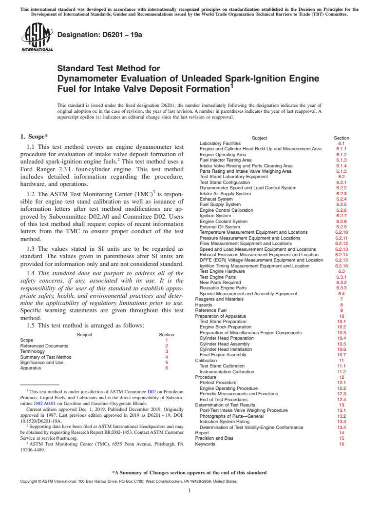 ASTM D6201-19a - Standard Test Method for  Dynamometer Evaluation of Unleaded Spark-Ignition Engine Fuel   for Intake Valve Deposit Formation