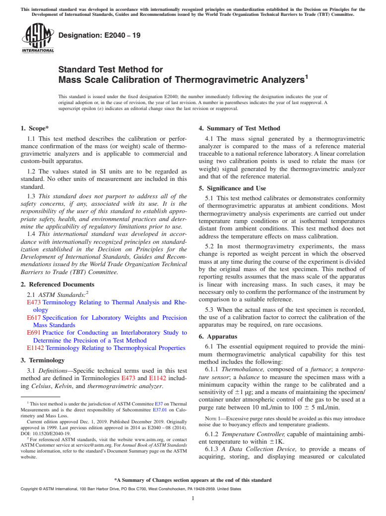 ASTM E2040-19 - Standard Test Method for  Mass Scale Calibration of Thermogravimetric Analyzers