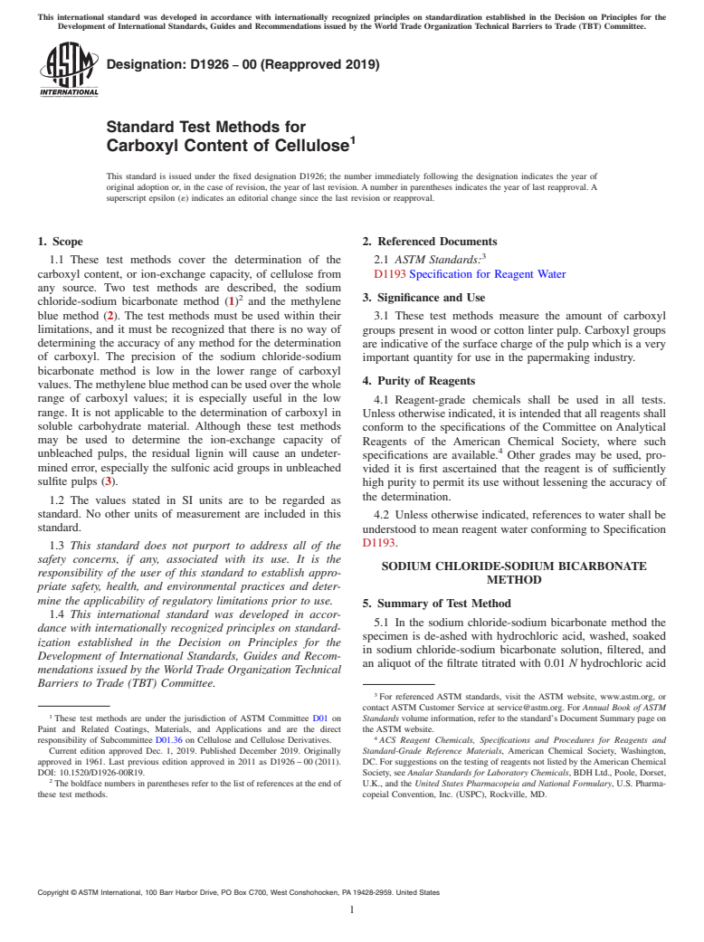 ASTM D1926-00(2019) - Standard Test Methods for Carboxyl Content of Cellulose