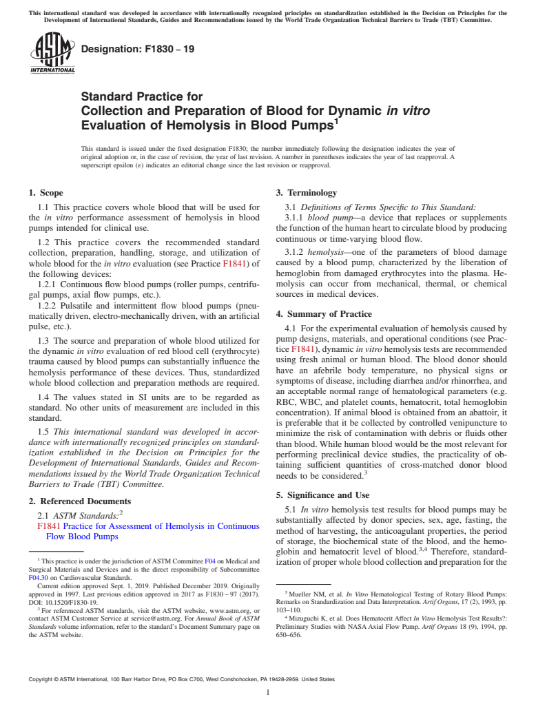 ASTM F1830-19 - Standard Practice for  Collection and Preparation of Blood for Dynamic <emph type="bdit"  >in vitro</emph> Evaluation of Hemolysis in Blood Pumps