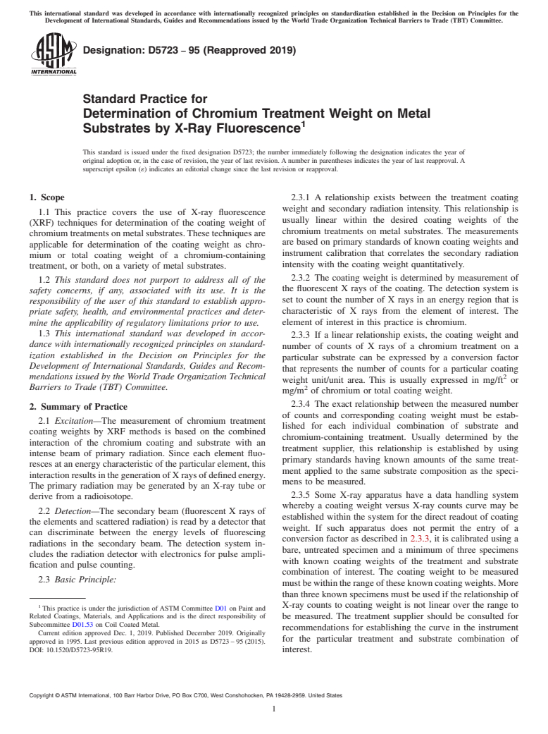 ASTM D5723-95(2019) - Standard Practice for Determination of Chromium Treatment Weight on Metal Substrates   by X-Ray Fluorescence