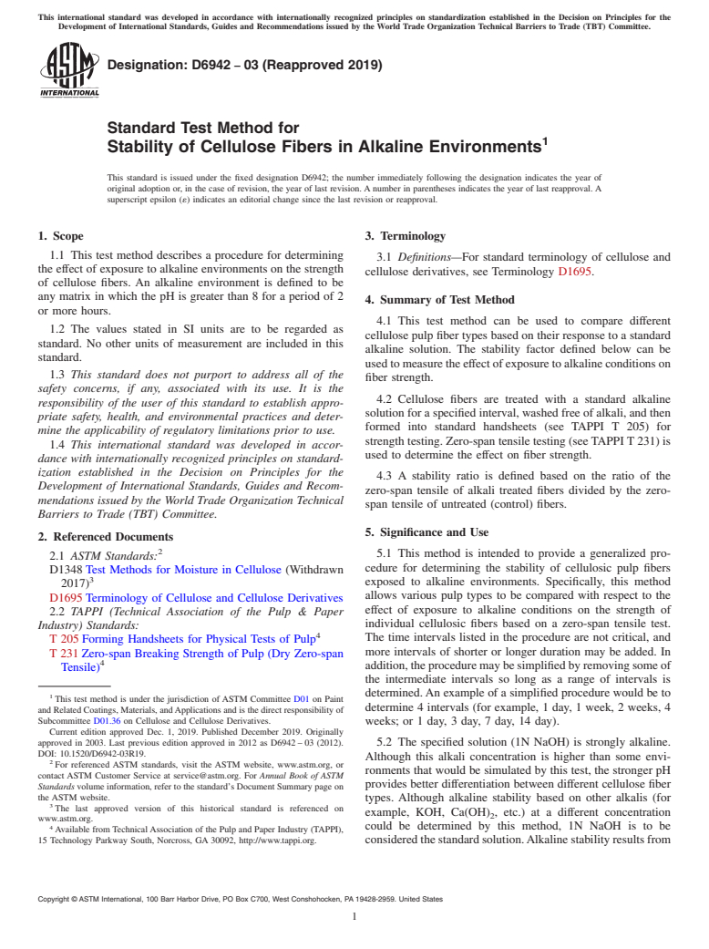 ASTM D6942-03(2019) - Standard Test Method for  Stability of Cellulose Fibers in Alkaline Environments