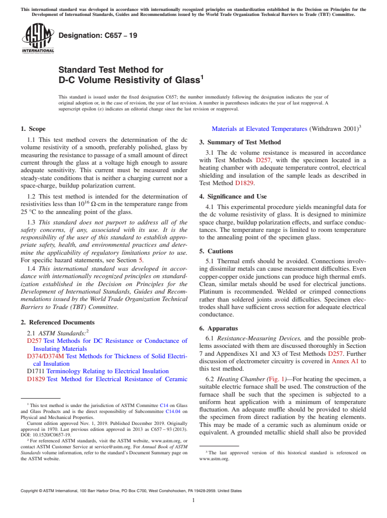 ASTM C657-19 - Standard Test Method for  D-C Volume Resistivity of Glass