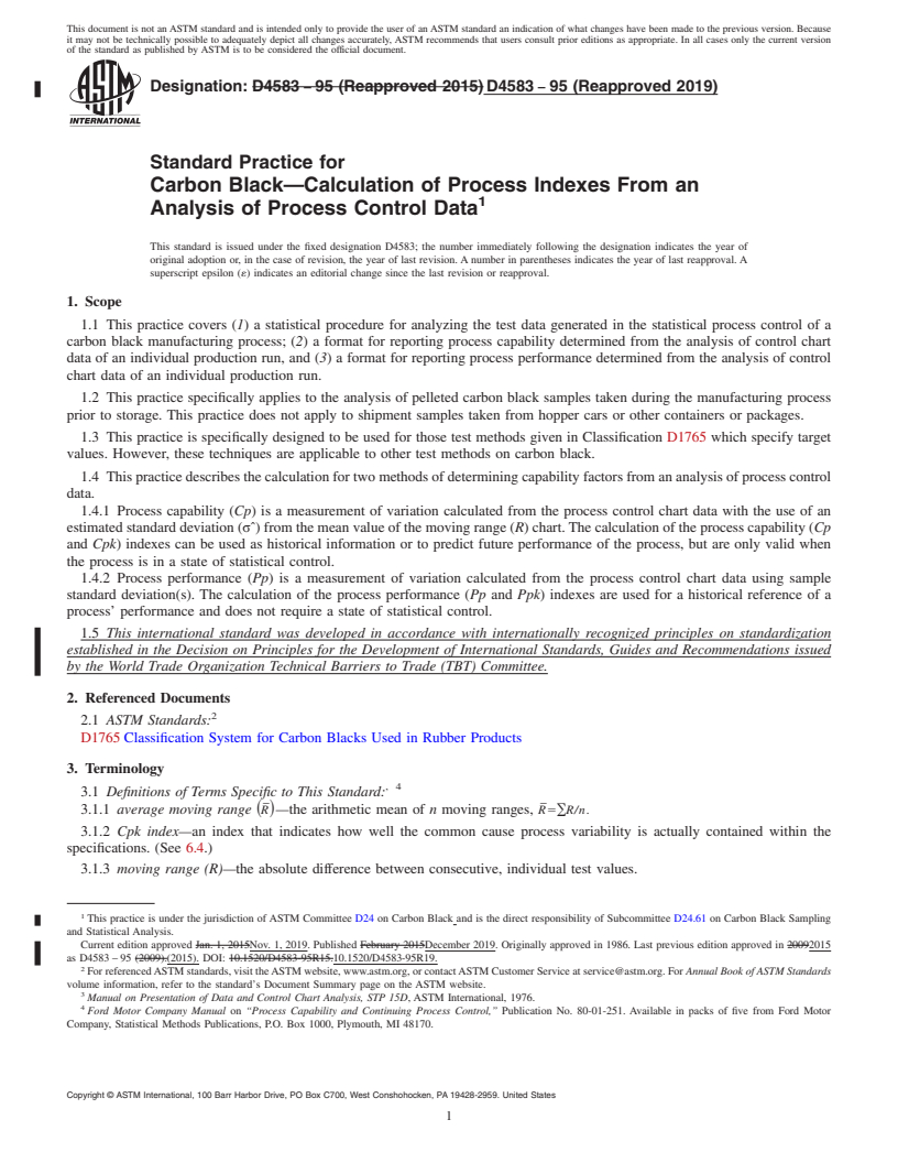 REDLINE ASTM D4583-95(2019) - Standard Practice for Carbon Black&#x2014;Calculation of Process Indexes From an  Analysis of Process Control Data