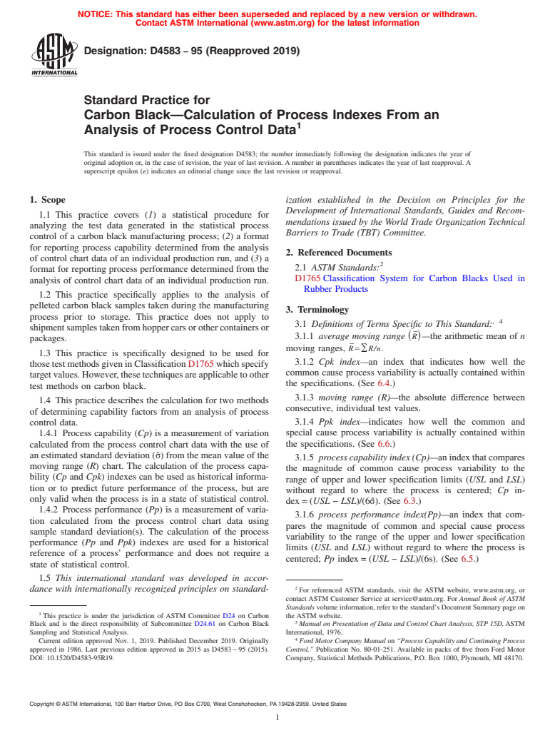 ASTM D4583-95(2019) - Standard Practice for Carbon Black&#x2014;Calculation of Process Indexes From an  Analysis of Process Control Data