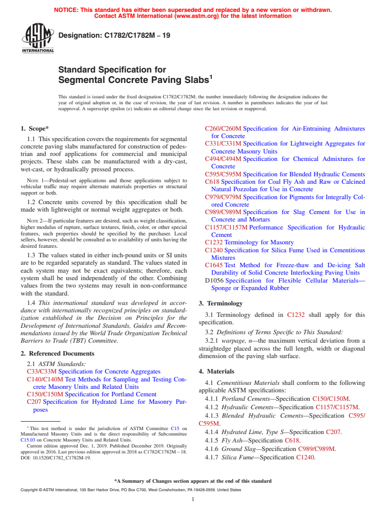 ASTM C1782/C1782M-19 - Standard Specification for Segmental Concrete Paving Slabs
