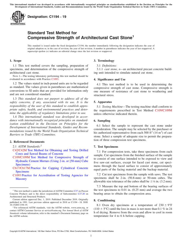ASTM C1194-19 - Standard Test Method for Compressive Strength of Architectural Cast Stone