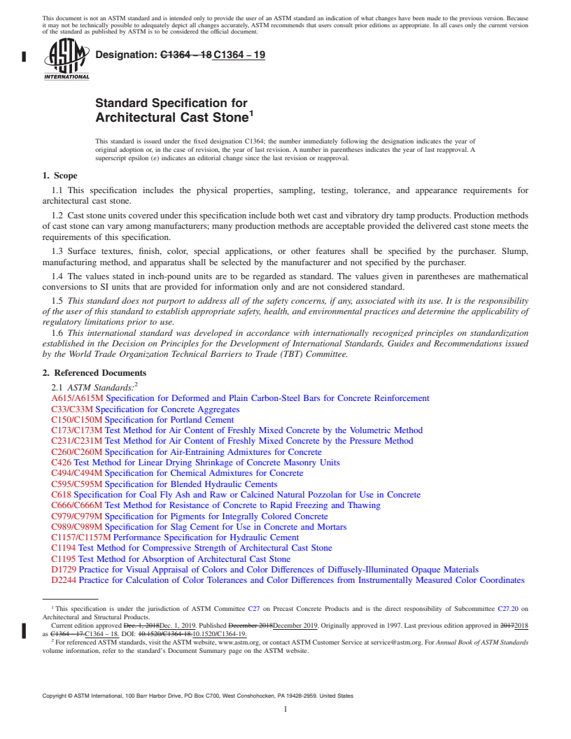 REDLINE ASTM C1364-19 - Standard Specification for Architectural Cast Stone