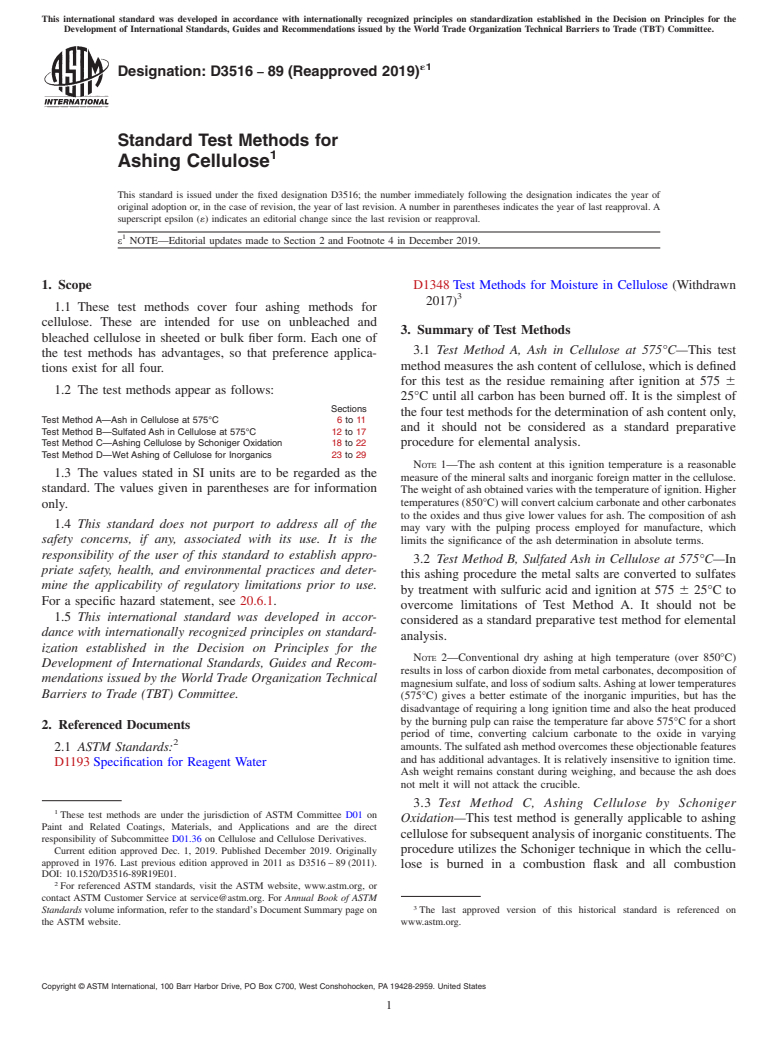 ASTM D3516-89(2019)e1 - Standard Test Methods for Ashing Cellulose