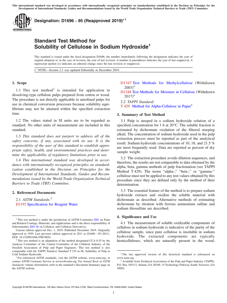 ASTM D1696-95(2019)e1 - Standard Test Method for Solubility of Cellulose in Sodium Hydroxide