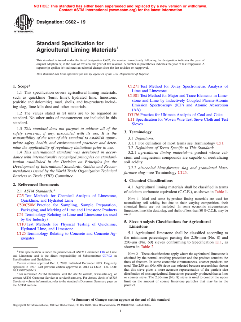 ASTM C602-19 - Standard Specification for  Agricultural Liming Materials