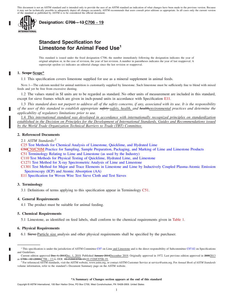 REDLINE ASTM C706-19 - Standard Specification for  Limestone for Animal Feed Use