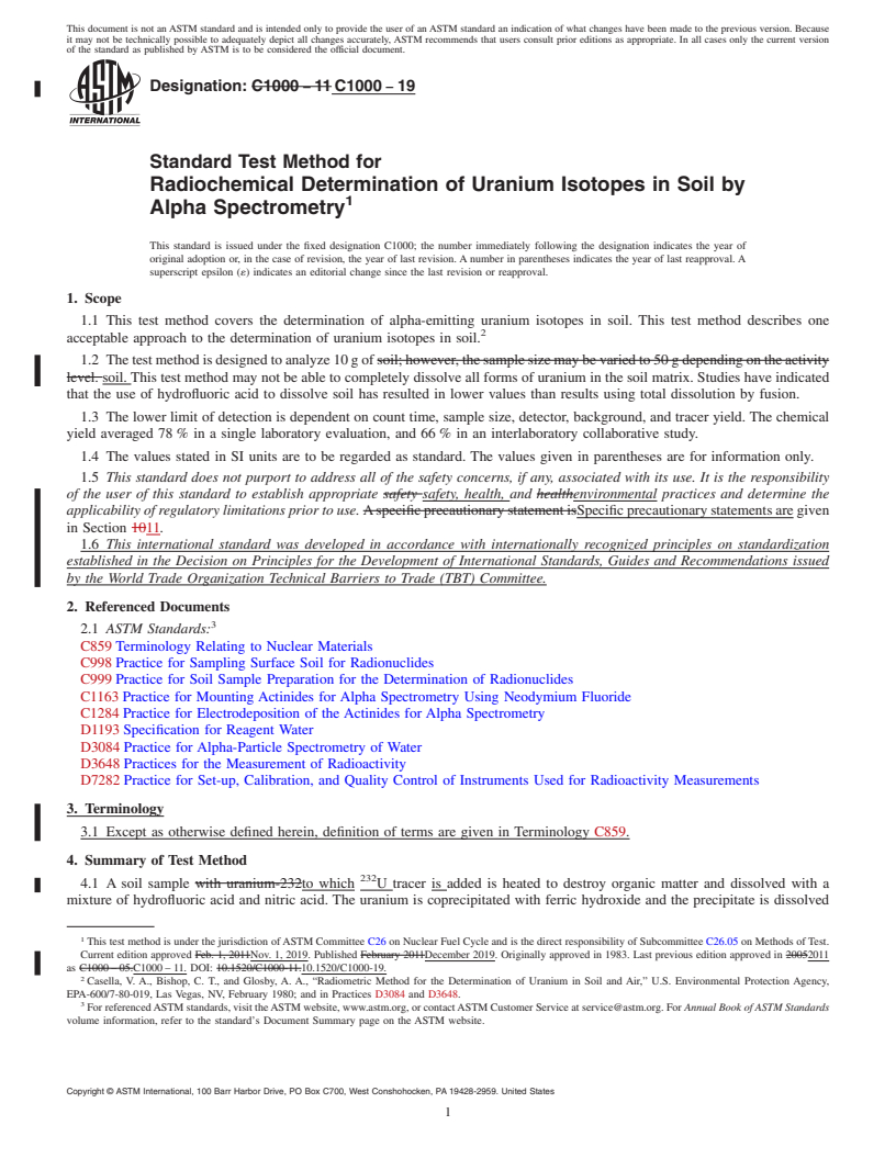 REDLINE ASTM C1000-19 - Standard Test Method for  Radiochemical Determination of Uranium Isotopes in Soil by  Alpha Spectrometry