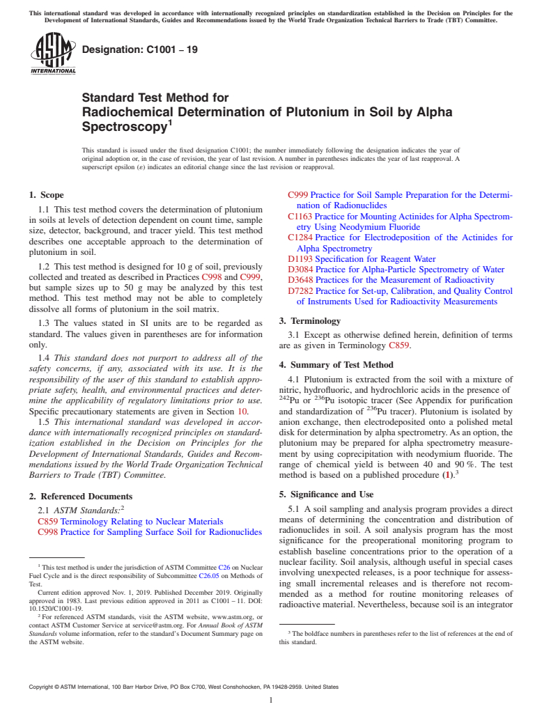 ASTM C1001-19 - Standard Test Method for  Radiochemical Determination of Plutonium in Soil by Alpha Spectroscopy