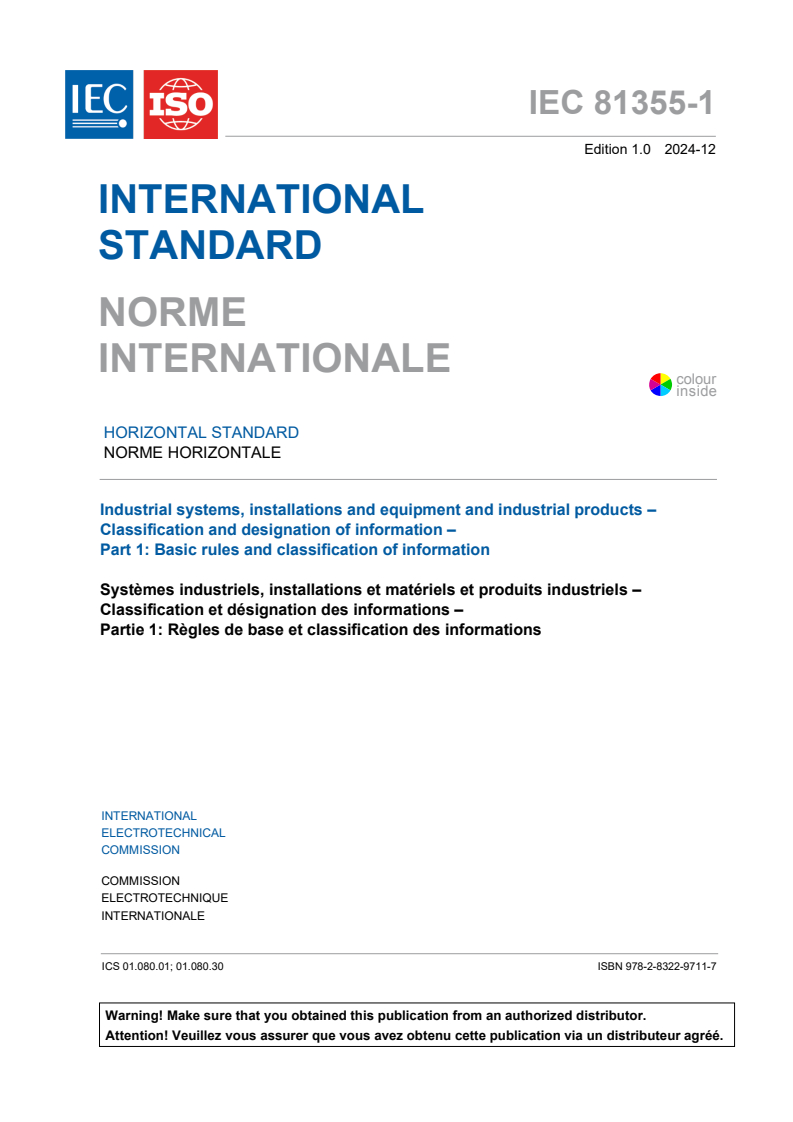 IEC 81355-1:2024 - Industrial systems, installations and equipment and industrial products - Classification and designation of information - Part 1: Basic rules and classification of information
Released:6. 12. 2024
Isbn:9782832297117