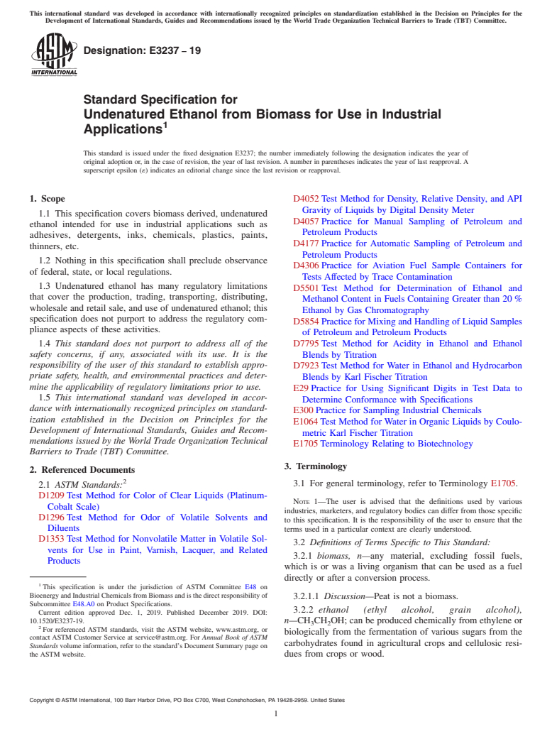 ASTM E3237-19 - Standard Specification for Undenatured Ethanol from Biomass for Use in Industrial Applications