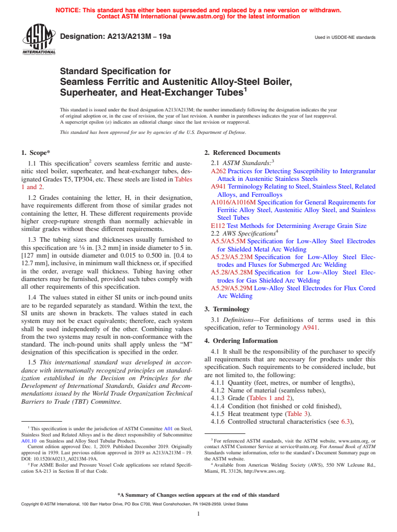 ASTM A213/A213M-19a - Standard Specification for Seamless Ferritic and Austenitic Alloy-Steel Boiler, Superheater,  and Heat-Exchanger Tubes