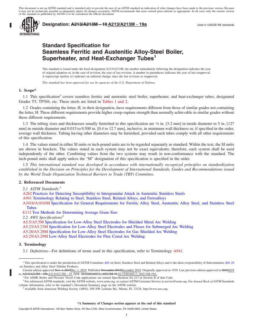 REDLINE ASTM A213/A213M-19a - Standard Specification for Seamless Ferritic and Austenitic Alloy-Steel Boiler, Superheater,  and Heat-Exchanger Tubes