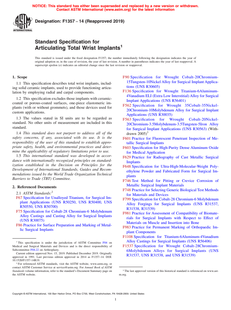 ASTM F1357-14(2019) - Standard Specification for  Articulating Total Wrist Implants