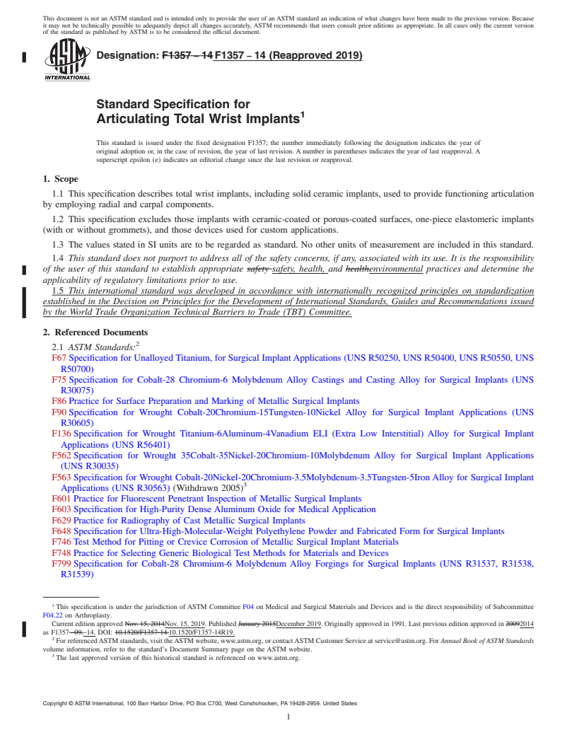 REDLINE ASTM F1357-14(2019) - Standard Specification for  Articulating Total Wrist Implants