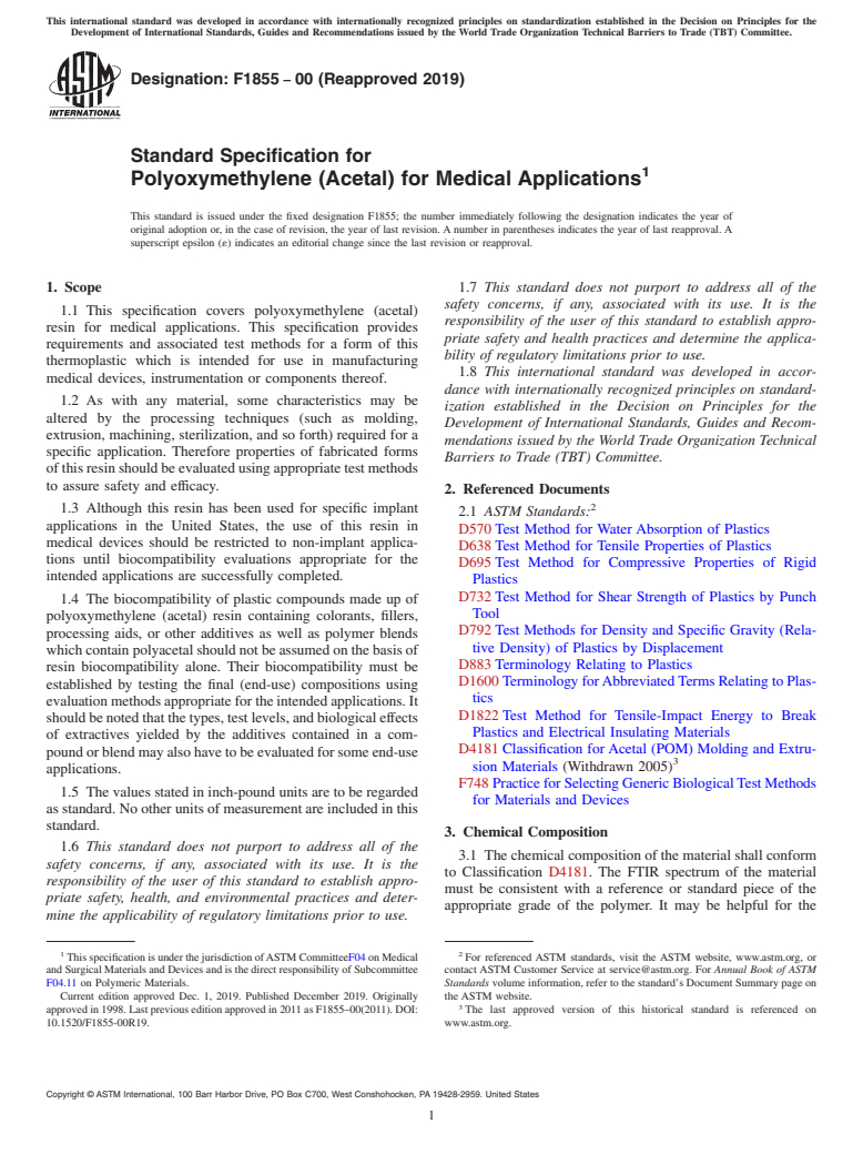 ASTM F1855-00(2019) - Standard Specification for  Polyoxymethylene (Acetal) for Medical Applications