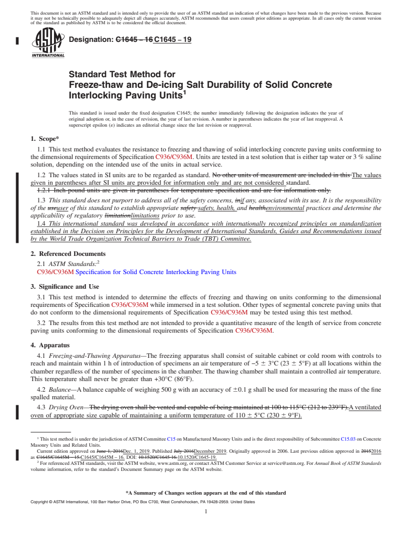 REDLINE ASTM C1645-19 - Standard Test Method for Freeze-thaw and De-icing Salt Durability of Solid Concrete   Interlocking Paving Units