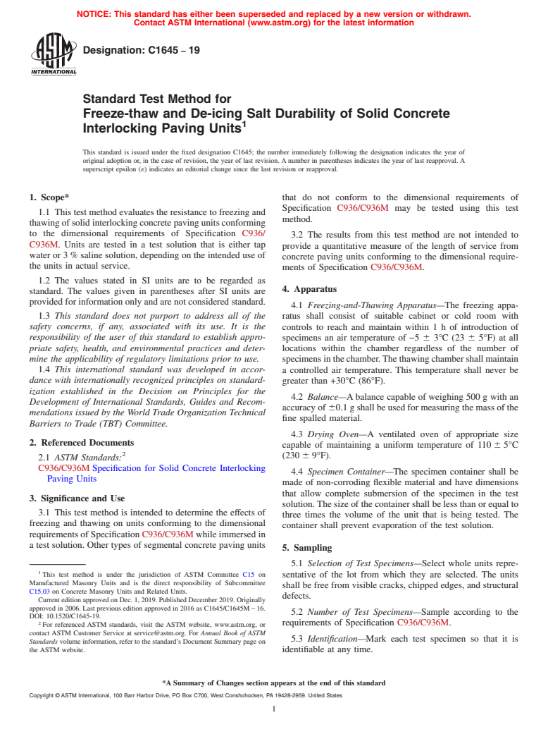 ASTM C1645-19 - Standard Test Method for Freeze-thaw and De-icing Salt Durability of Solid Concrete   Interlocking Paving Units