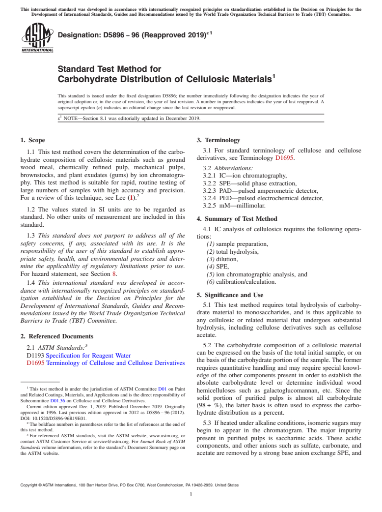 ASTM D5896-96(2019)e1 - Standard Test Method for Carbohydrate Distribution of Cellulosic Materials