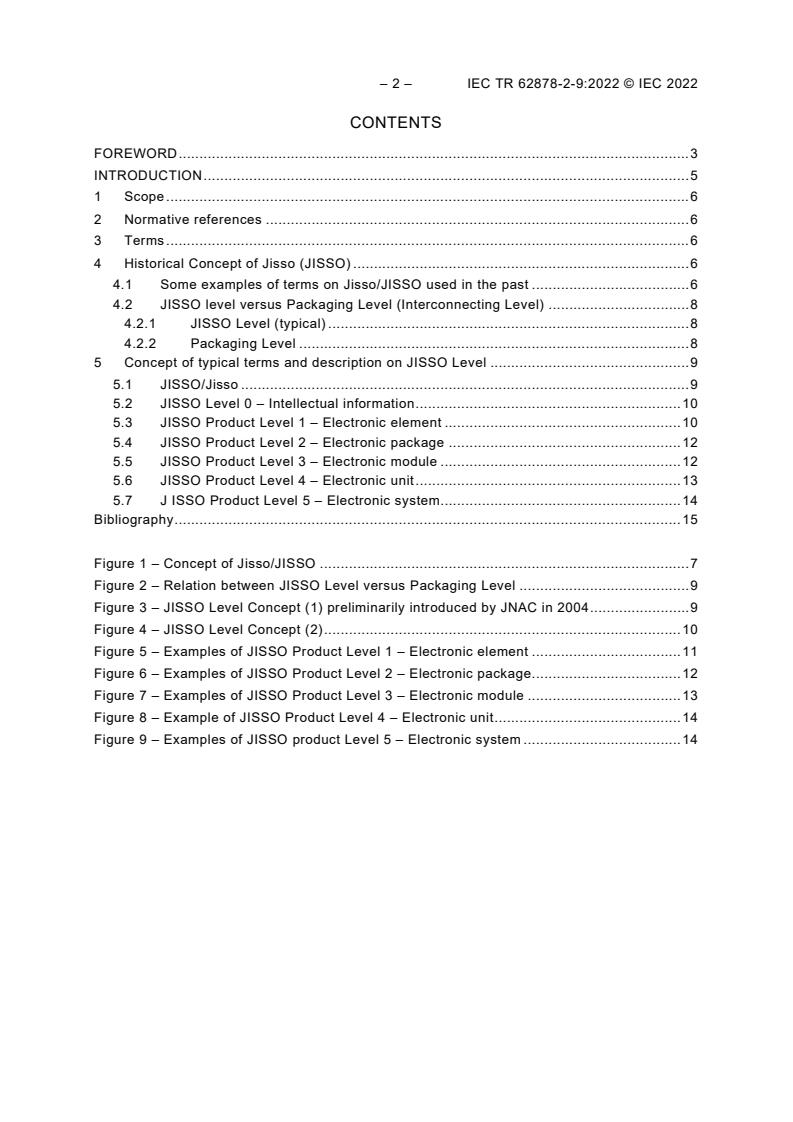 IEC TR 62878-2-9:2022 IEC TR 62878-2-9:2022 - Device embedding assembly technology - Part 2-9: Guidelines - Concept of JISSO level in the electronic assembly technology industries - Page 4 preview